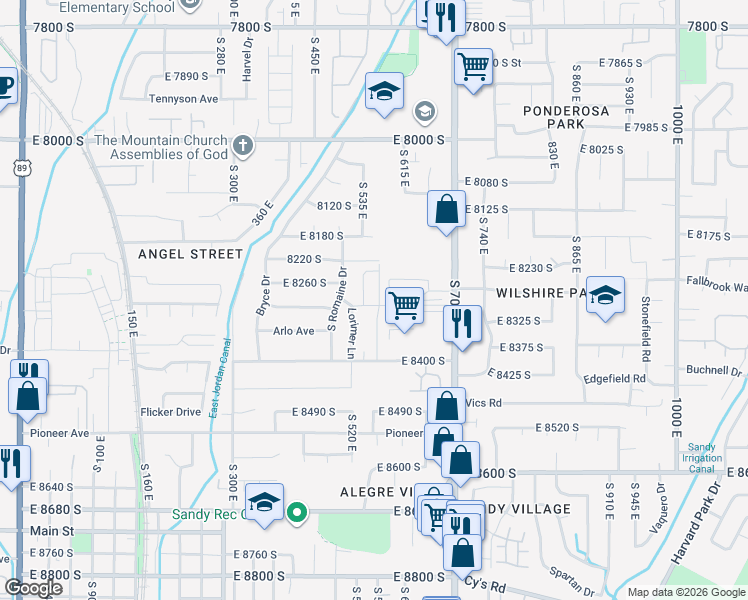 map of restaurants, bars, coffee shops, grocery stores, and more near 8292 South 560 East in Sandy