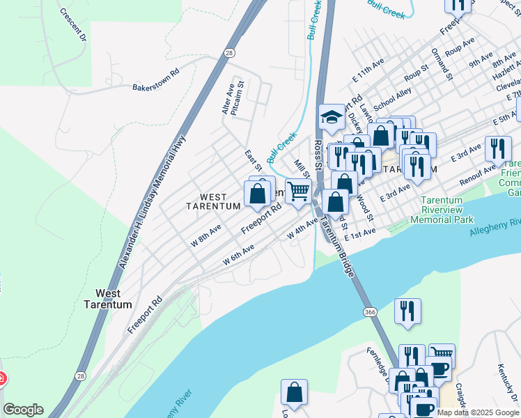 map of restaurants, bars, coffee shops, grocery stores, and more near 150 West 7th Avenue in Tarentum
