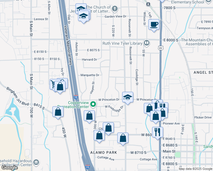 map of restaurants, bars, coffee shops, grocery stores, and more near 8296 Jackson Street in Midvale