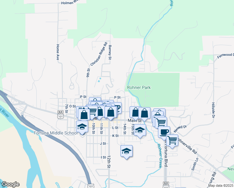 map of restaurants, bars, coffee shops, grocery stores, and more near 1 Alder Lane in Fortuna