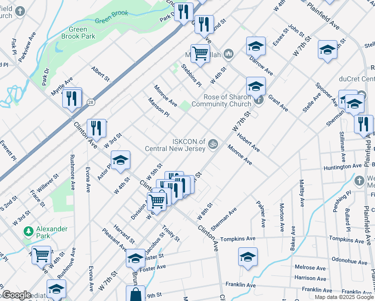 map of restaurants, bars, coffee shops, grocery stores, and more near 1051 West 6th Street in Plainfield