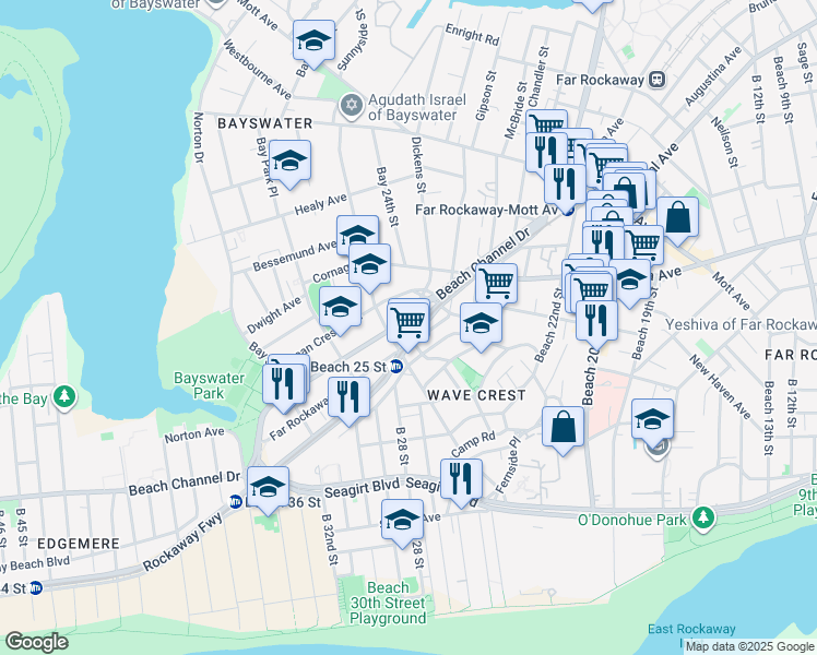 map of restaurants, bars, coffee shops, grocery stores, and more near 24-35 Beach Channel Drive in Queens