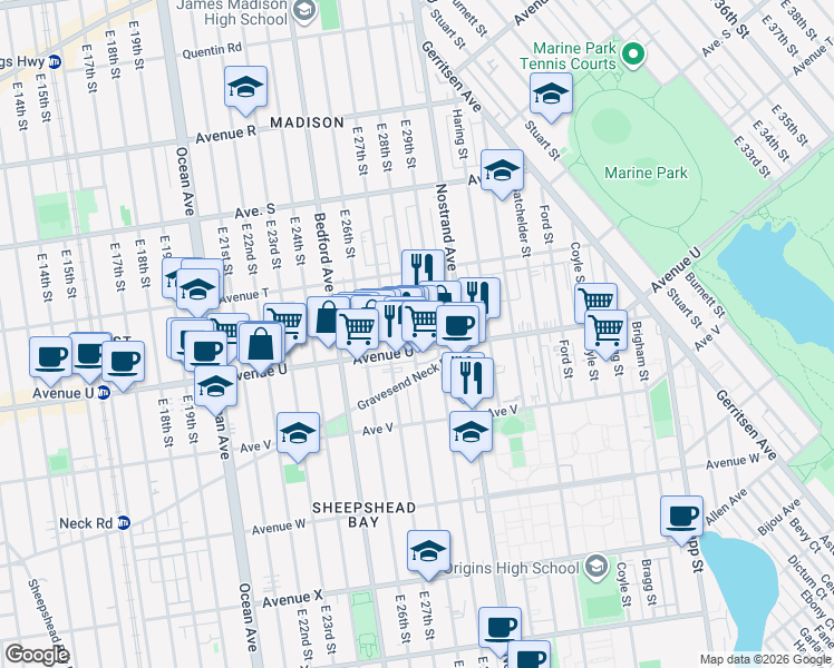 map of restaurants, bars, coffee shops, grocery stores, and more near 2077 East 28th Street in Brooklyn