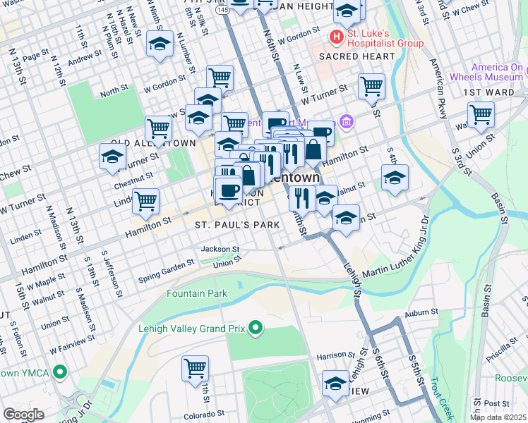 map of restaurants, bars, coffee shops, grocery stores, and more near 737 Walnut Street in Allentown