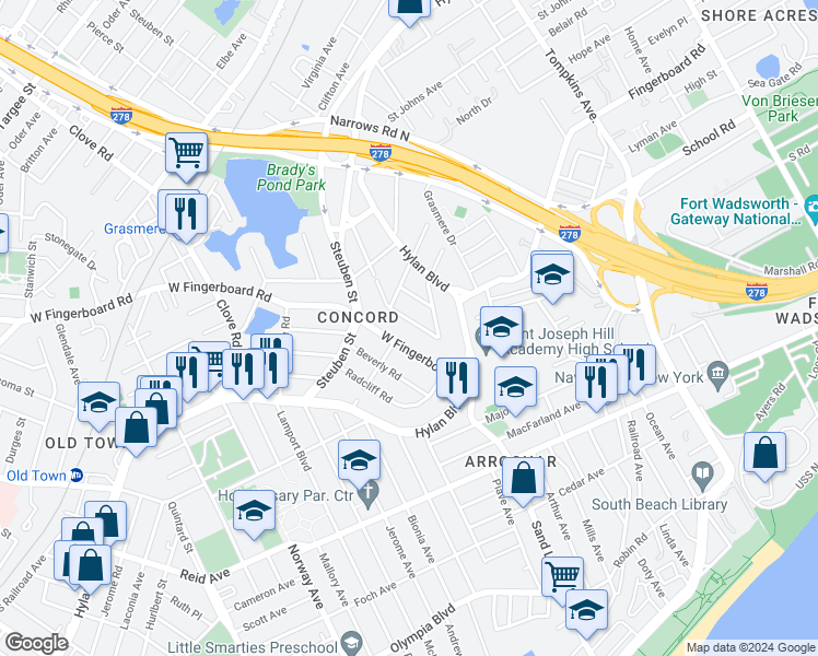 map of restaurants, bars, coffee shops, grocery stores, and more near 38 Pouch Terrace in Staten Island
