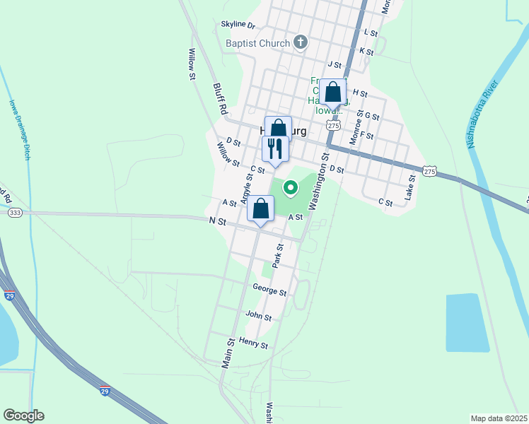 map of restaurants, bars, coffee shops, grocery stores, and more near A Street in Hamburg
