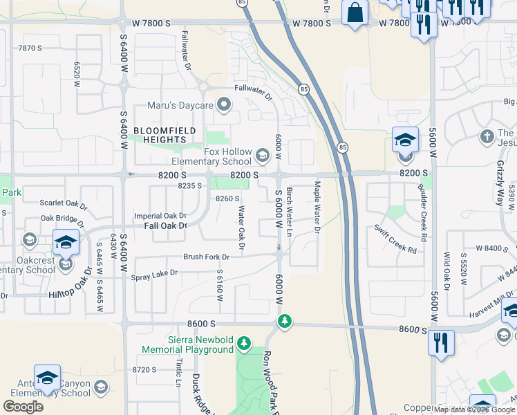 map of restaurants, bars, coffee shops, grocery stores, and more near 6059 Cedar Fork Drive in West Jordan