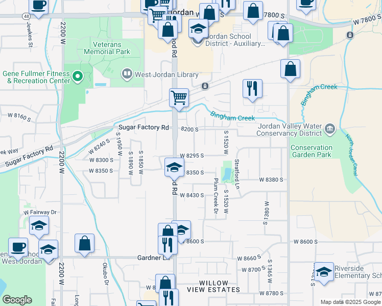 map of restaurants, bars, coffee shops, grocery stores, and more near 1652 West 8295 South in West Jordan
