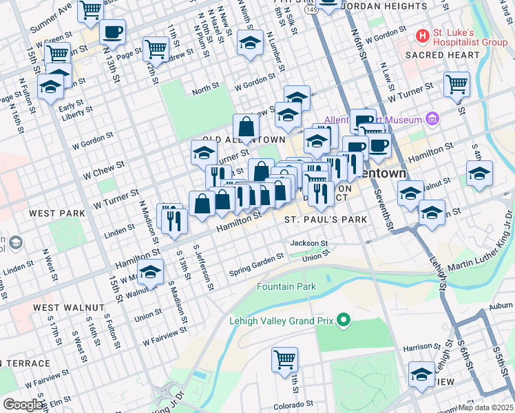 map of restaurants, bars, coffee shops, grocery stores, and more near 1019 Hamilton Street in Allentown