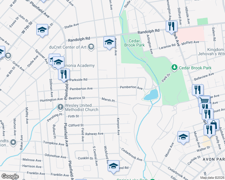 map of restaurants, bars, coffee shops, grocery stores, and more near 1211 Kenyon Avenue in Plainfield