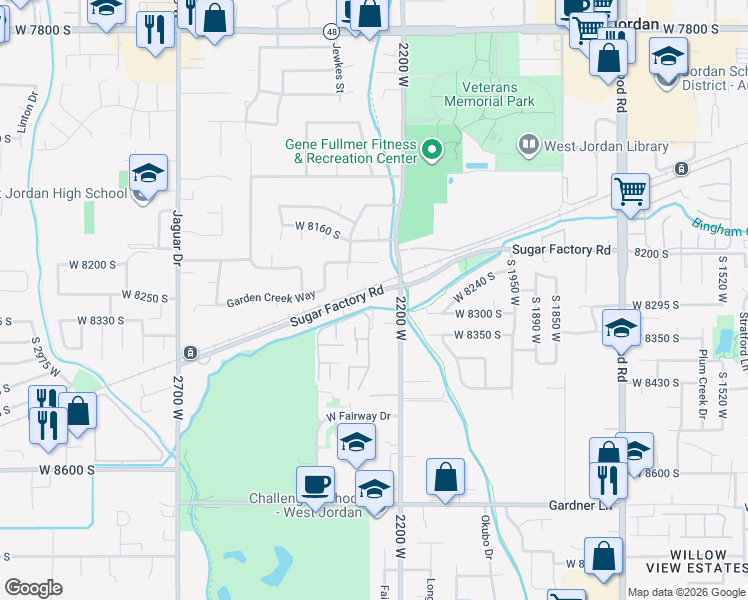 map of restaurants, bars, coffee shops, grocery stores, and more near 2243 Sugar Factory Road in West Jordan