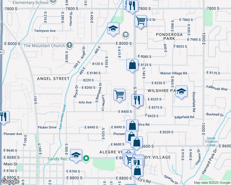 map of restaurants, bars, coffee shops, grocery stores, and more near 8308 South 700 East in Sandy