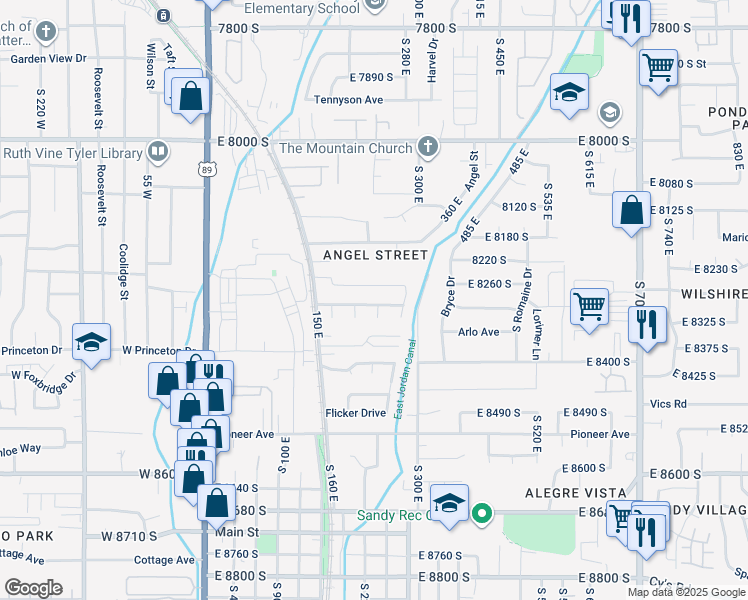 map of restaurants, bars, coffee shops, grocery stores, and more near 241 East Julie Anna Drive in Sandy