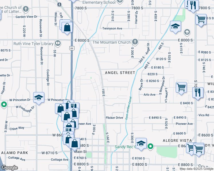 map of restaurants, bars, coffee shops, grocery stores, and more near 190 East Julie Anna Drive in Sandy
