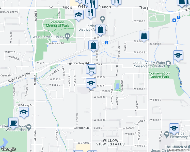 map of restaurants, bars, coffee shops, grocery stores, and more near 1652 West 8295 South in West Jordan