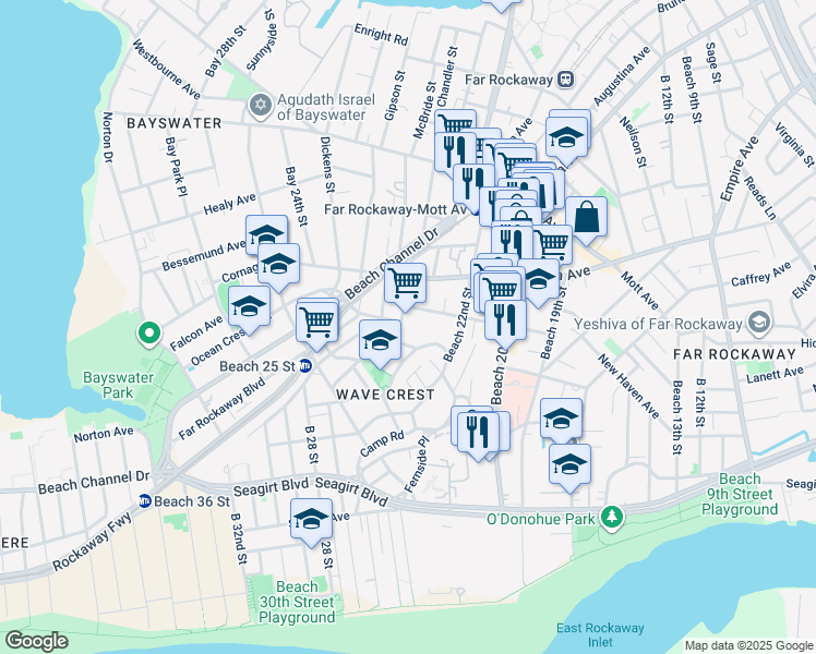 map of restaurants, bars, coffee shops, grocery stores, and more near 6-10 Grassmere Terrace in Queens
