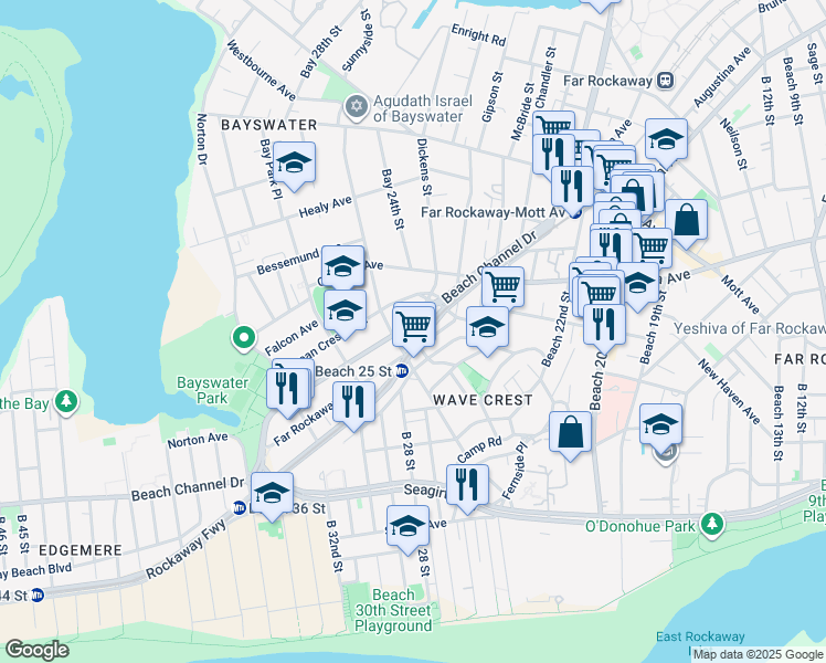 map of restaurants, bars, coffee shops, grocery stores, and more near 24-35 Beach Channel Drive in Queens