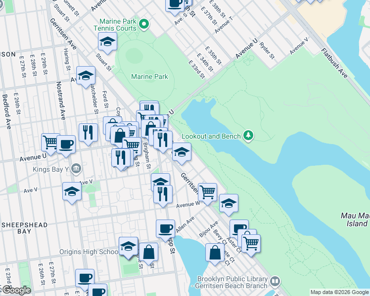 map of restaurants, bars, coffee shops, grocery stores, and more near 3180 Avenue V in Brooklyn