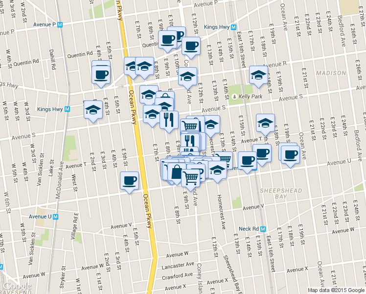 map of restaurants, bars, coffee shops, grocery stores, and more near 910 Avenue T in Brooklyn