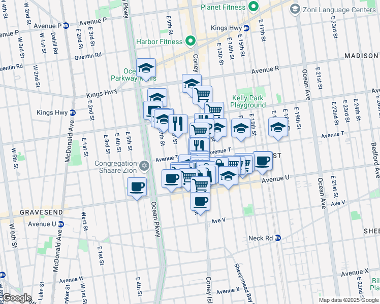 map of restaurants, bars, coffee shops, grocery stores, and more near 910 Avenue T in Brooklyn