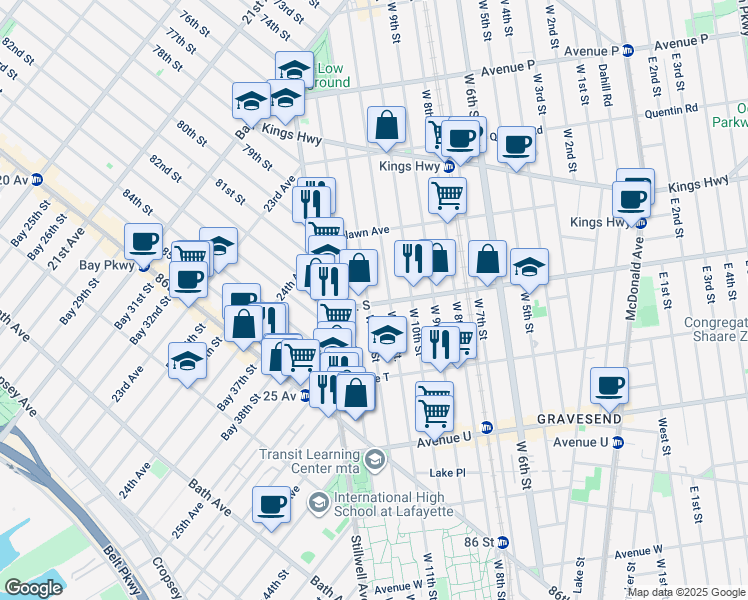 map of restaurants, bars, coffee shops, grocery stores, and more near 37 Avenue S in Brooklyn