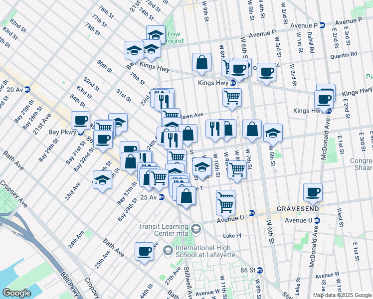 map of restaurants, bars, coffee shops, grocery stores, and more near 37 Avenue S in Brooklyn