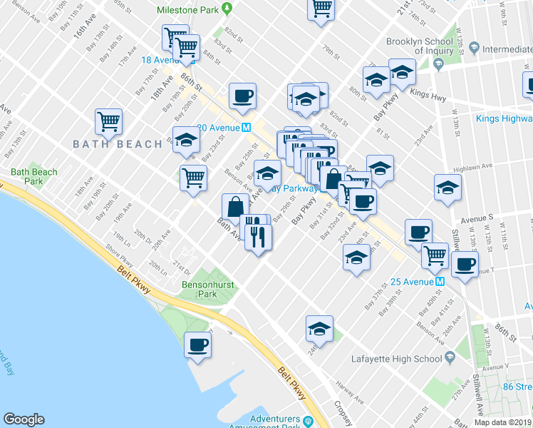 map of restaurants, bars, coffee shops, grocery stores, and more near 85 Bay 29th Street in Brooklyn