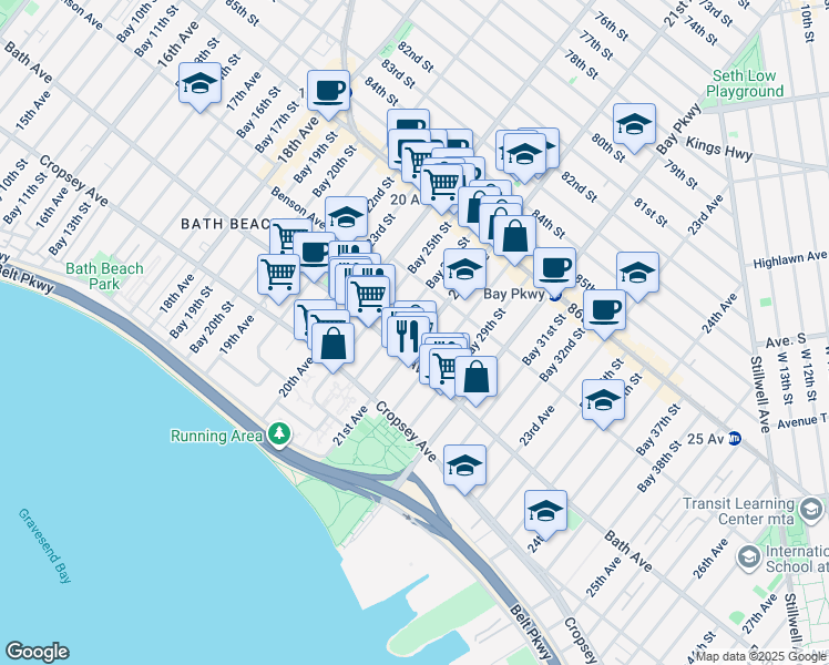map of restaurants, bars, coffee shops, grocery stores, and more near 2061 Bath Avenue in Brooklyn