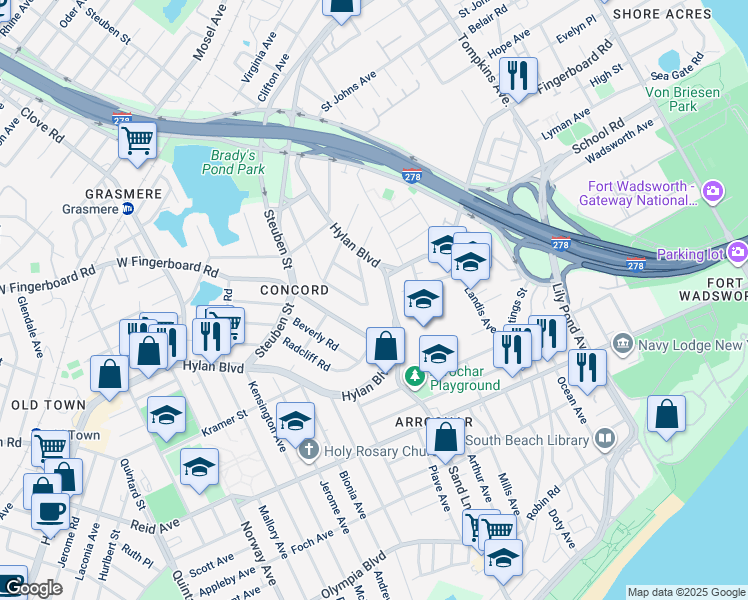 map of restaurants, bars, coffee shops, grocery stores, and more near 99 Roderick Avenue in Staten Island