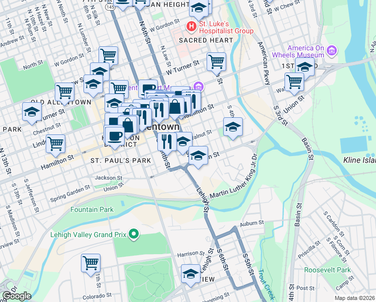map of restaurants, bars, coffee shops, grocery stores, and more near in Allentown