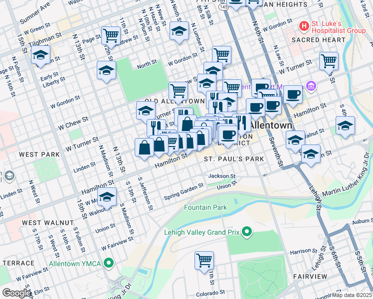 map of restaurants, bars, coffee shops, grocery stores, and more near 1009 Hamilton Street in Allentown