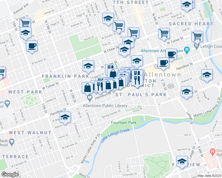 map of restaurants, bars, coffee shops, grocery stores, and more near 1009 Hamilton Street in Allentown