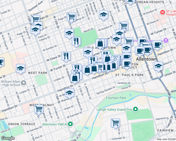 map of restaurants, bars, coffee shops, grocery stores, and more near 1139 West Court Street in Allentown