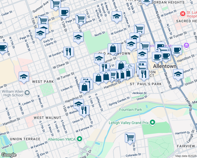 map of restaurants, bars, coffee shops, grocery stores, and more near 1139 West Court Street in Allentown