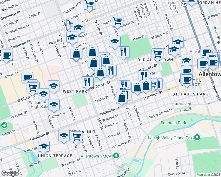 map of restaurants, bars, coffee shops, grocery stores, and more near 118 North Madison Street in Allentown
