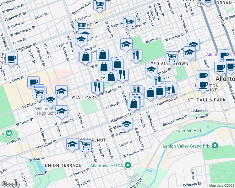 map of restaurants, bars, coffee shops, grocery stores, and more near 118 North Madison Street in Allentown