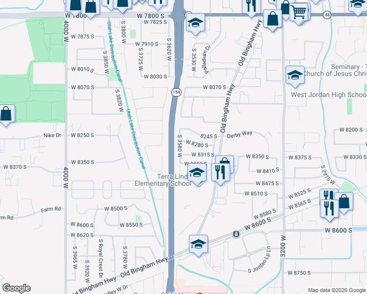 map of restaurants, bars, coffee shops, grocery stores, and more near 8296 South 3580 West in West Jordan