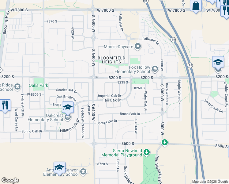 map of restaurants, bars, coffee shops, grocery stores, and more near 6304 Imperial Oak Drive in West Jordan