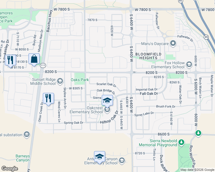 map of restaurants, bars, coffee shops, grocery stores, and more near 6556 Oak Bridge Drive in West Jordan
