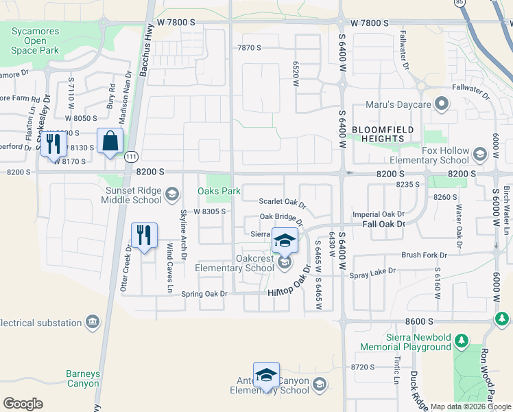 map of restaurants, bars, coffee shops, grocery stores, and more near 6616 Oak Bridge Drive in West Jordan