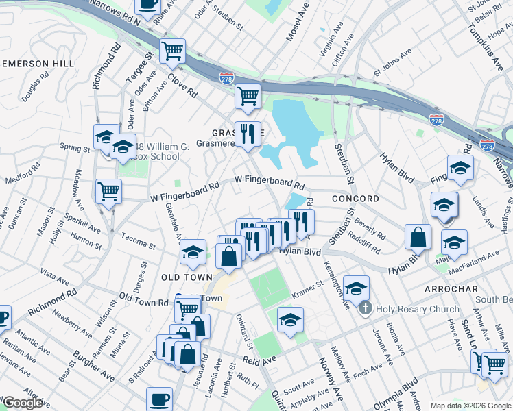 map of restaurants, bars, coffee shops, grocery stores, and more near 20 Leslie Avenue in Staten Island