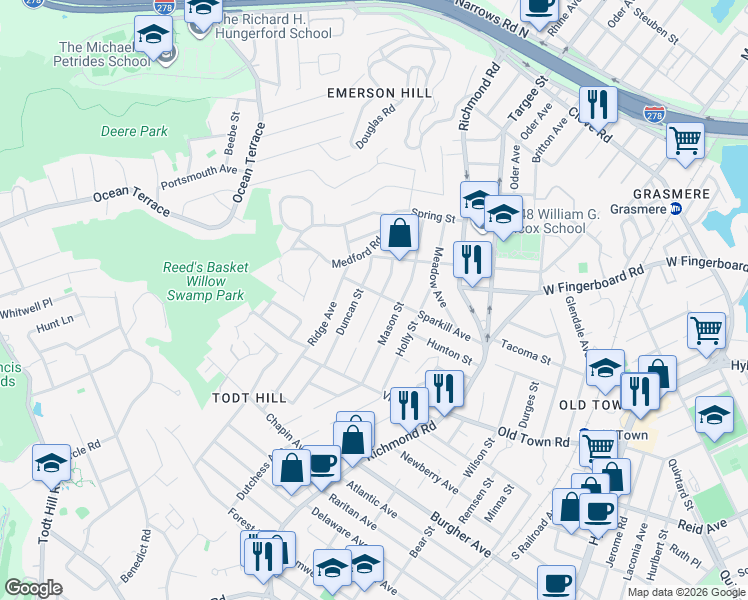 map of restaurants, bars, coffee shops, grocery stores, and more near 53 Duncan Street in Staten Island
