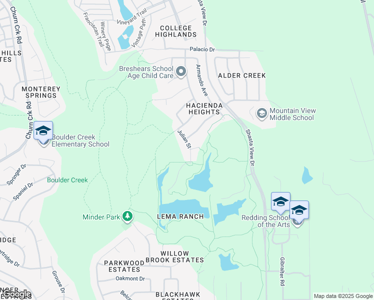 map of restaurants, bars, coffee shops, grocery stores, and more near 596 Julian Street in Redding