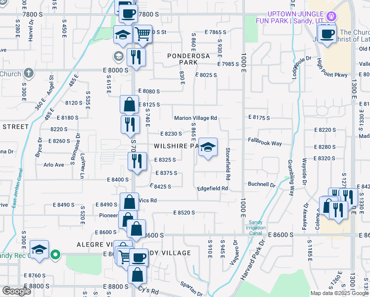 map of restaurants, bars, coffee shops, grocery stores, and more near 842 East 8270 South in Sandy
