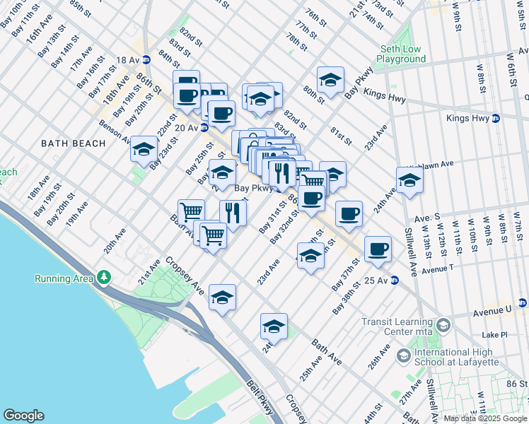 map of restaurants, bars, coffee shops, grocery stores, and more near 8655 Bay Parkway in Brooklyn