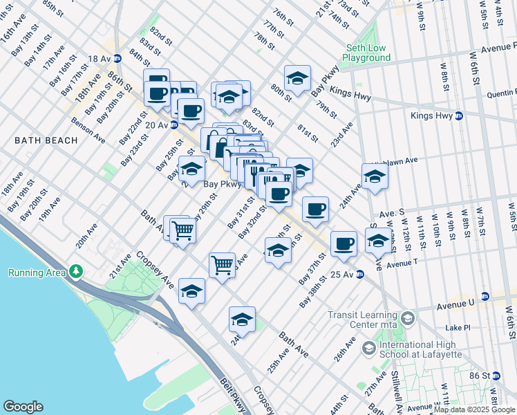 map of restaurants, bars, coffee shops, grocery stores, and more near 38 Bay 32nd Street in Brooklyn