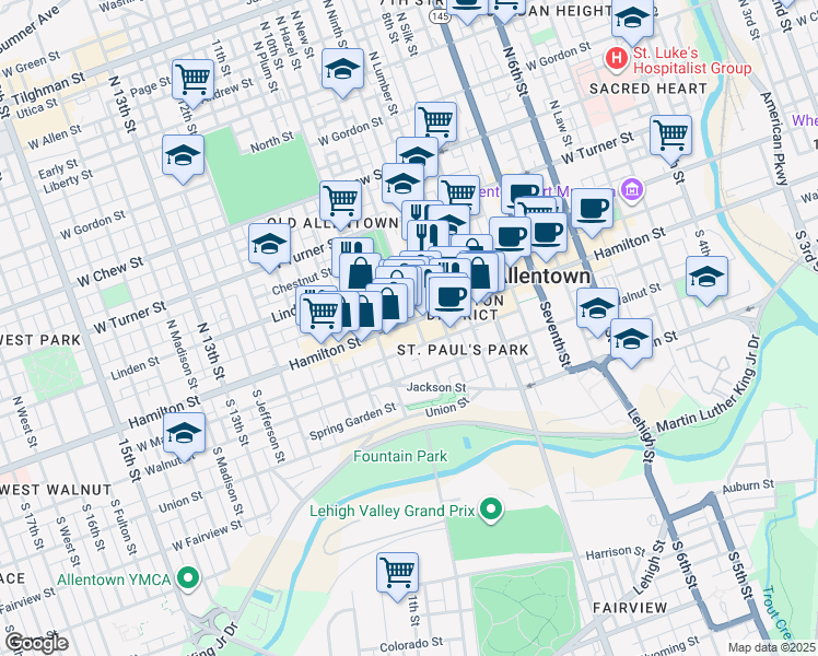 map of restaurants, bars, coffee shops, grocery stores, and more near 932 Hamilton Street in Allentown