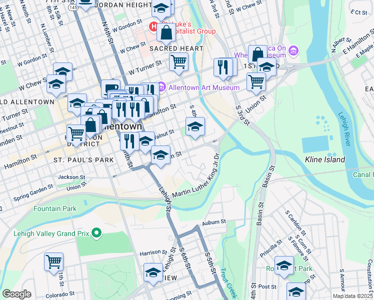 map of restaurants, bars, coffee shops, grocery stores, and more near South Penn Street in Allentown