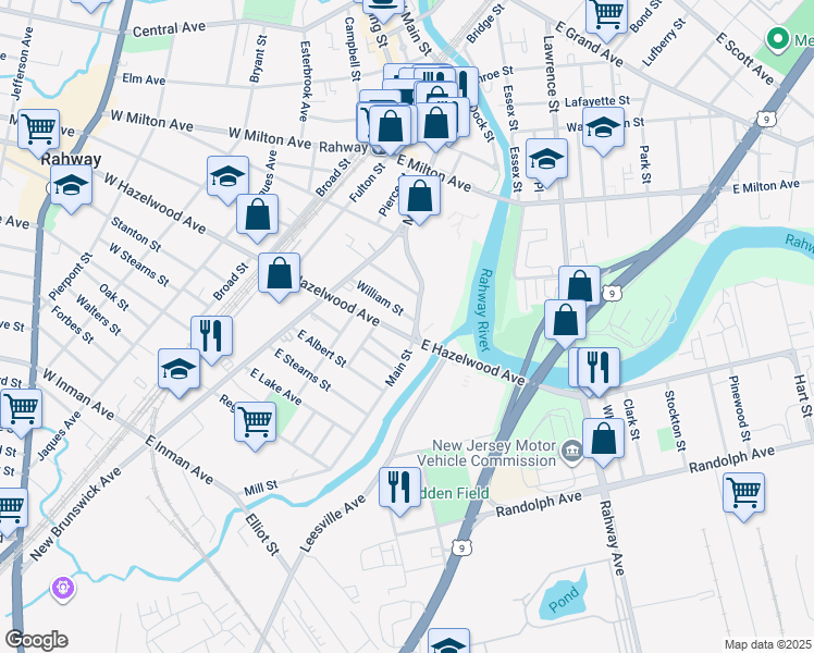 map of restaurants, bars, coffee shops, grocery stores, and more near 1118 Main Street in Rahway
