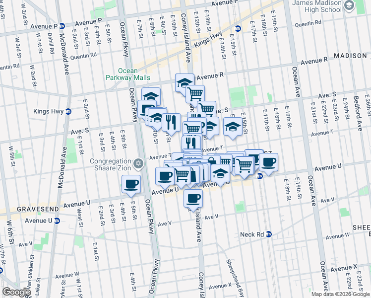 map of restaurants, bars, coffee shops, grocery stores, and more near 909 Avenue T in Brooklyn